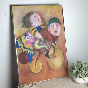 Large Textured Folk Art Painting Couple on Tricycle Whimsical Textured Art